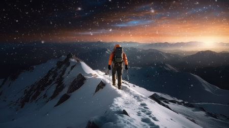 Climber in the mountains against the backdrop of a beautiful sunsetの素材