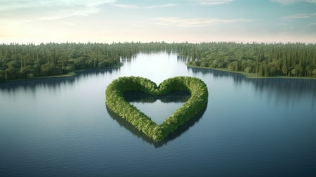 Heart shape made of green grass on the lake. 3d renderの素材