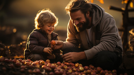 Father and son picking apples in autumn garden. Happy family having fun together.の素材