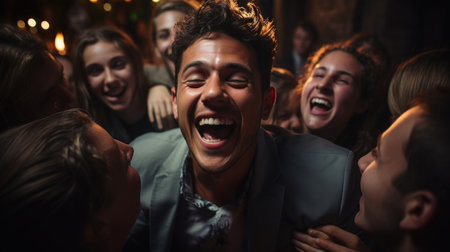 Portrait of a group of friends laughing together in a nightclub.の素材