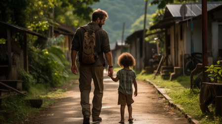 Father and son are walking in the countryside. The father is holding his son in his arms.の素材