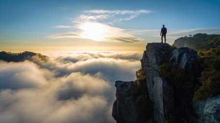 Man standing on top of the mountain and looking at the sunrise.の素材