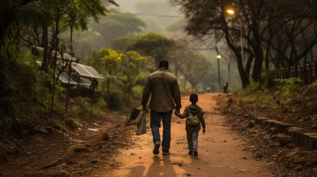 Father and son walking on a dirt road in the rainforest.の素材