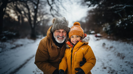 Portrait of a grandfather and his grandson in the winter forest.の素材