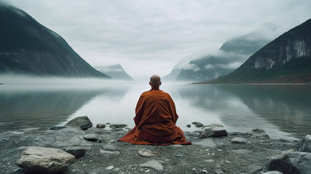Buddhist monk sitting on the bank of fjord in Norwayの素材