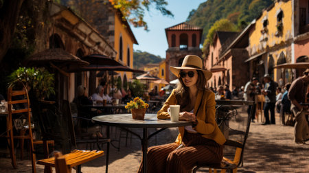 Beautiful young woman drinking coffee in the old town of Tbilisi, Georgiaの素材