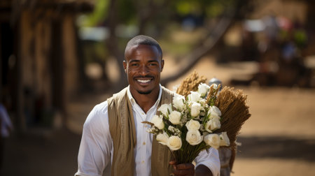 Portrait of a smiling african man holding bouquet of flowersの素材