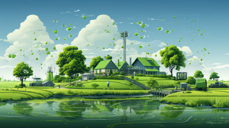 Green landscape with a small village on the hill. Vector illustration.の素材