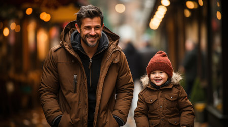 Father and son walking in the city at Christmas time. Concept of friendly family.の素材