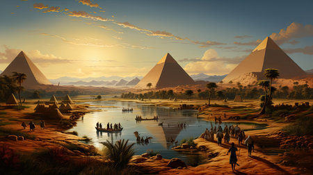 3D rendering of the pyramids of Giza at sunset, Egyptの素材