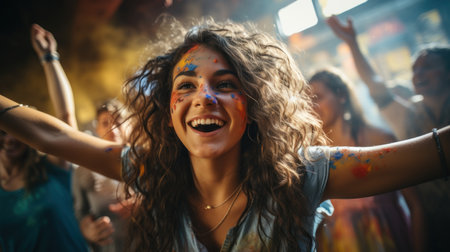 Portrait of a happy young woman dancing at a music festival.の素材