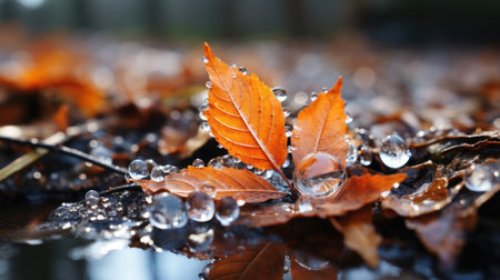 Autumn leaves with water drops on the ground. Autumn background.の素材