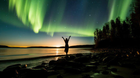 Aurora borealis, northern light over a woman with arms raisedの素材