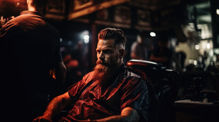 Handsome bearded man sitting in barbershop and waiting for his clientの素材