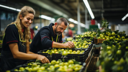 Young female and male workers sorting green apples in boxes at fruit warehouse. Working in organic food factory.の素材