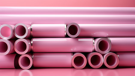 Metal pipes stacked in a row on a pink background.の素材