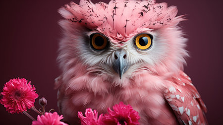 Beautiful lovely pink owl with flowers on a glamour background.の素材