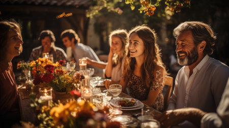 Group of friends having dinner together in a garden on a sunny dayの素材
