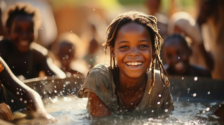 Portrait Of Smiling African Girl Having Fun In Hot Springs At Masai Maraの素材