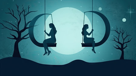 Silhouette of mother and daughter on swing in the moonlightの素材