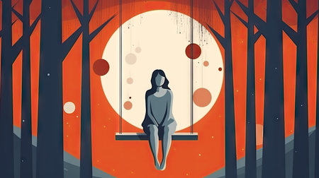 Girl sitting on the window in the night forest. Vector illustration.の素材