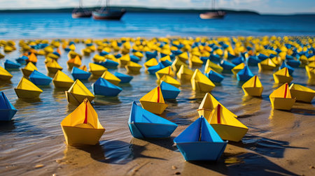 Yellow and blue paper boats on a sandy beach in the summer.の素材