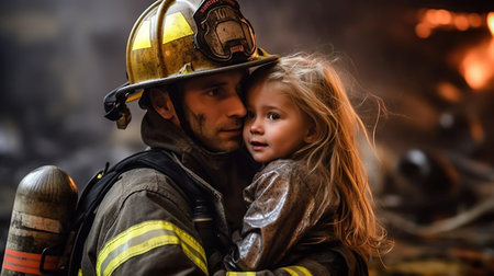 Portrait of a fireman and his little daughter in the fireの素材
