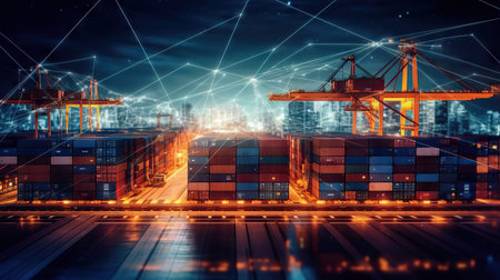 Double exposure of container cargo freight ship with connection lines and cityscape background.の素材