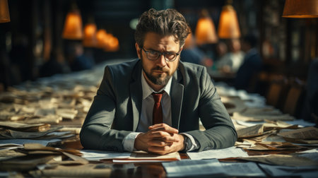 Handsome businessman in a suit and glasses sitting at a table in a restaurantの素材