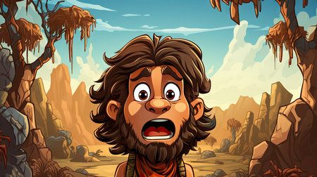Cartoon caveman with angry face and hands in the mouth illustrationの素材