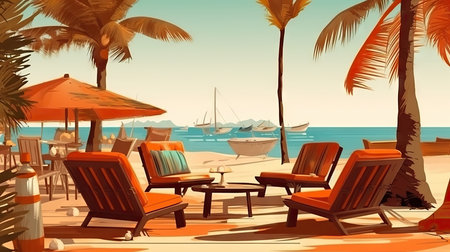 Tropical beach with palm trees and sun loungers. Vector illustrationの素材