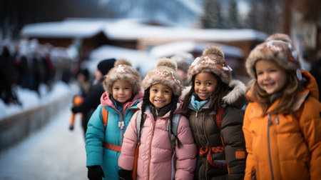 Group of happy kids having fun on christmas market in winter timeの素材