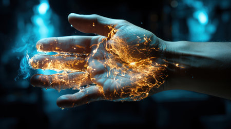 Close up of human hand with sparks on dark background. Mixed mediaの素材
