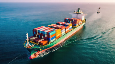 Container Cargo ship with working crane bridge in sea for Logistic Import Export backgroundの素材