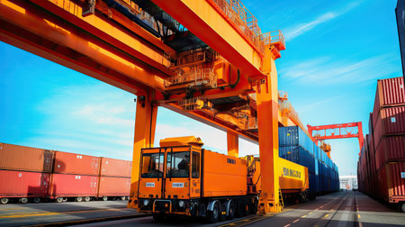 Container Cargo freight ship with working crane bridge for Logistic Import Export backgroundの素材