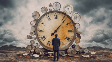 Time is money concept with businessman looking at old clock. 3D Renderingの素材