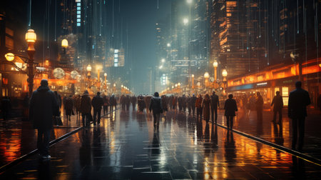 Crowd of people walking in the city at night, Hong Kongの素材