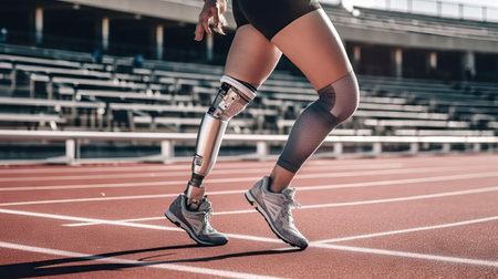 cropped shot of woman with leg prosthesis running on stadium trackの素材