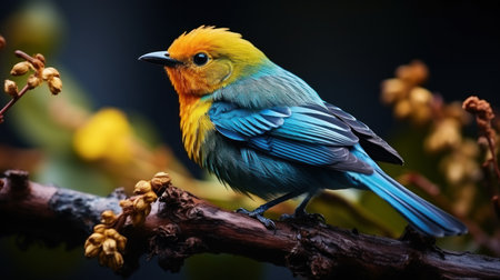 Beautiful blue and yellow bird sitting on a branch with flowers.の素材