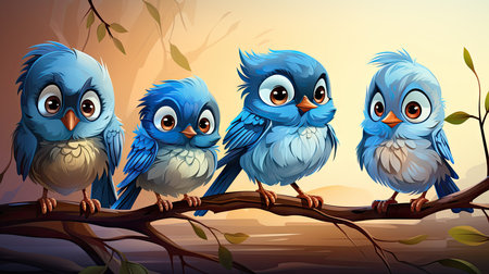 Illustration of three blue birds on a branch in a beautiful natureの素材