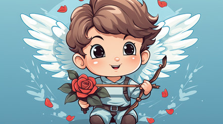 Cute boy cupid with red rose and wings. Vector illustration.の素材