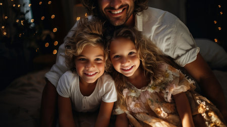 Evening family. Father with children before going to bed.の素材