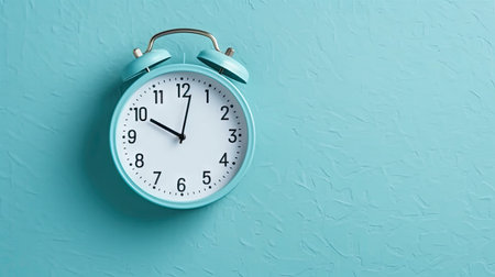 Blue alarm clock on blue background. Top view with copy space.の素材