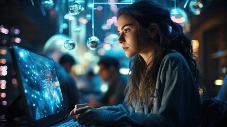 Beautiful young woman using a laptop at night in the city.の素材