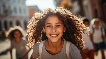 Close up portrait of a smiling young woman with curly hair in the cityの素材