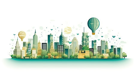 Cityscape with hot air balloon and cityscape. Vector illustration.の素材