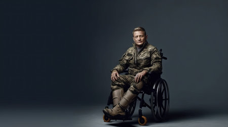 Full length portrait of a young man in a wheelchair on a dark background.の素材