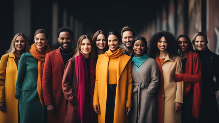 group of smiling african american and caucasian women in coatsの素材