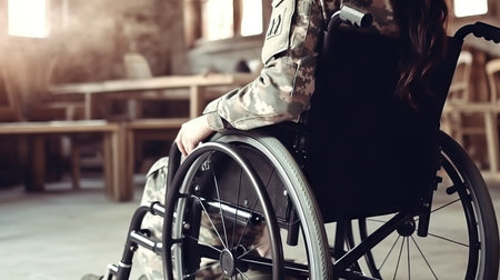 Close up of female soldier sitting in wheelchair. Selective focus.の素材