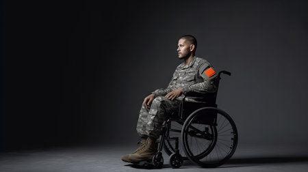 Young man in wheelchair on dark grey background. Side view. Copy space.の素材